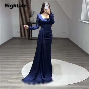 Eightale Длинные вечерние платья для официальных мероприятий 2023 Темно-синего цвета с длинными рукавами, атласное женское свадебное платье-русалка для выпускного вечера