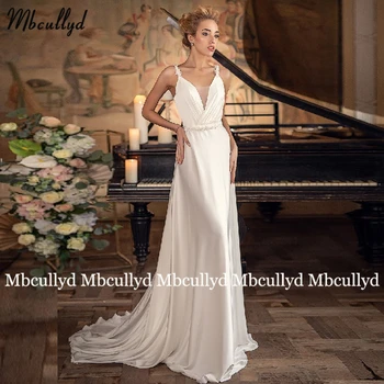 Mbcullyd Романтические свадебные платья трапециевидной формы с открытой спиной 2023, Изящные цветочные пояса, придворный шлейф, Богемное атласное свадебное платье