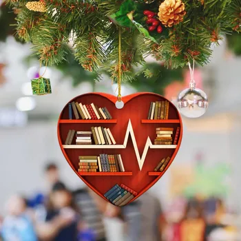 Книжная полка в форме сердца с 2D плоскостями, Рождественский кулон, акриловый подвесной орнамент, украшение на дверь, окно, елку, 2 г