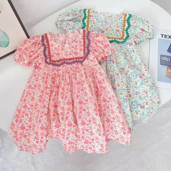 Летнее хлопчатобумажное льняное платье для младенцев/малышей, плиссированное платье с коротким рукавом и изысканным принтом, платье с круглым вырезом, повседневное платье для детей 2-7 лет