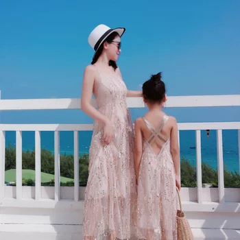 Модная одежда для семьи, пляжная юбка-слинг для мамы и дочки, праздничное платье с открытой спиной