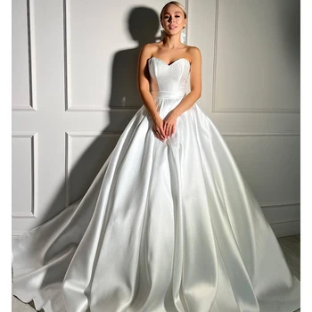 Свадебные платья для женщин, белое атласное бальное платье невесты, свадебное платье с длинными рукавами и открытыми плечами, роскошные свадебные платья